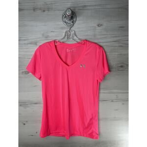 Under Armour Shirt Womens Small Pink Tech V-Neck HeatGear Loose Athletic 1255839